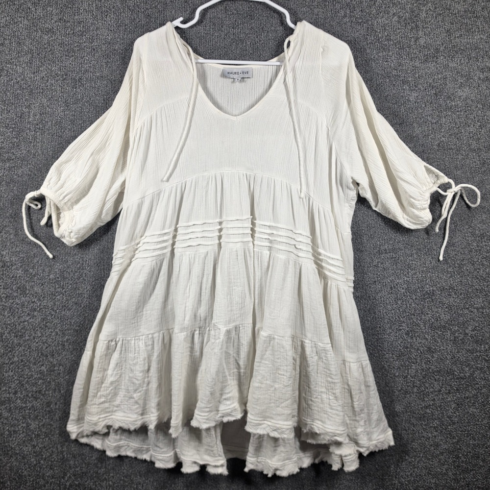 Maurie‎ Eve Tunic Dress Womens 6 Gauze Cotton Tiered Boho V Neck Crinkle White
